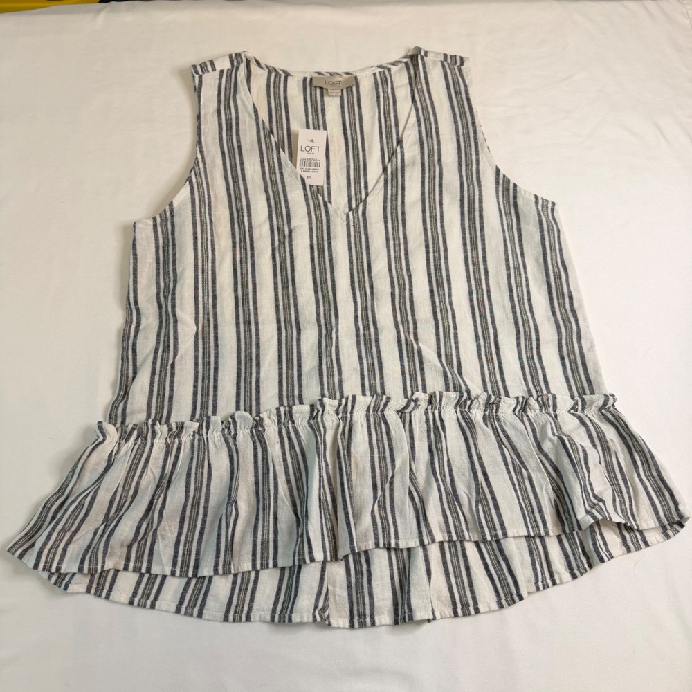 Loft Outlet Striped Peplum Top V-Neck Sleeveless Linen Blend Navy White XS NWT